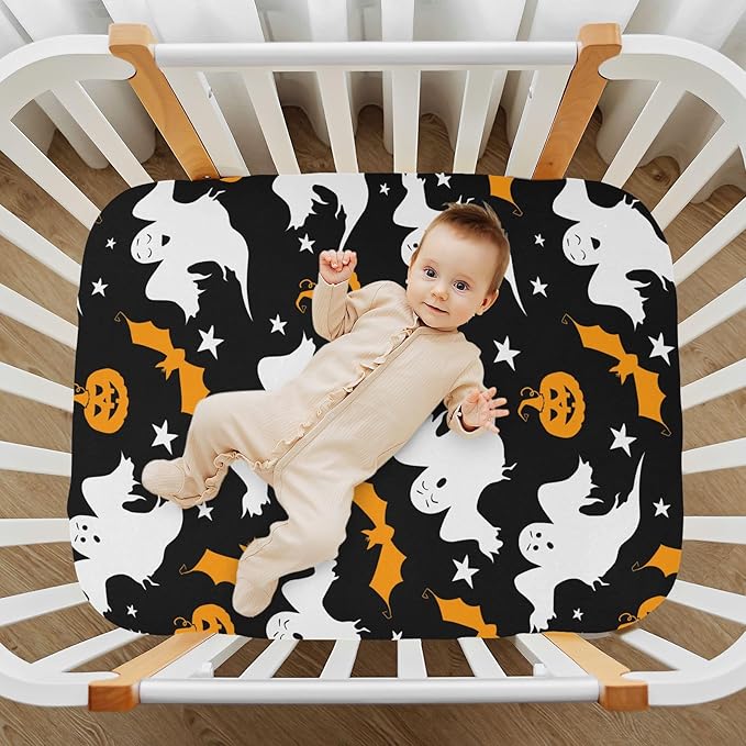 Pumpkin Ghost Halloween Crib Sheets Soft Breathable Fitted Baby Crib Sheets Mattress Cover for Girl Boys, 52" x 28" x 9"