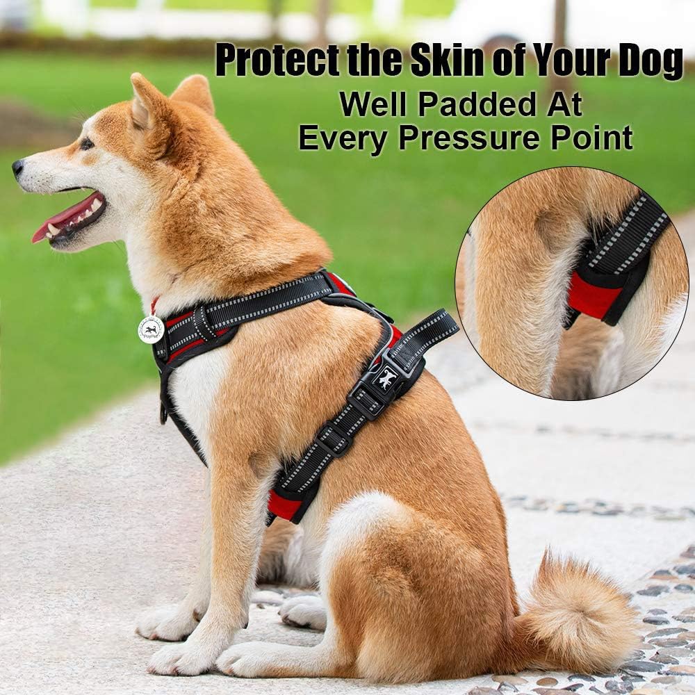 PoyPet No Pull Dog Harness, Reflective Comfortable Vest Harness with Front & Back 2 Leash Attachments and Easy Control Handle Adjustable Soft Padded Pet Vest for Small to Large Dogs (Red,M)