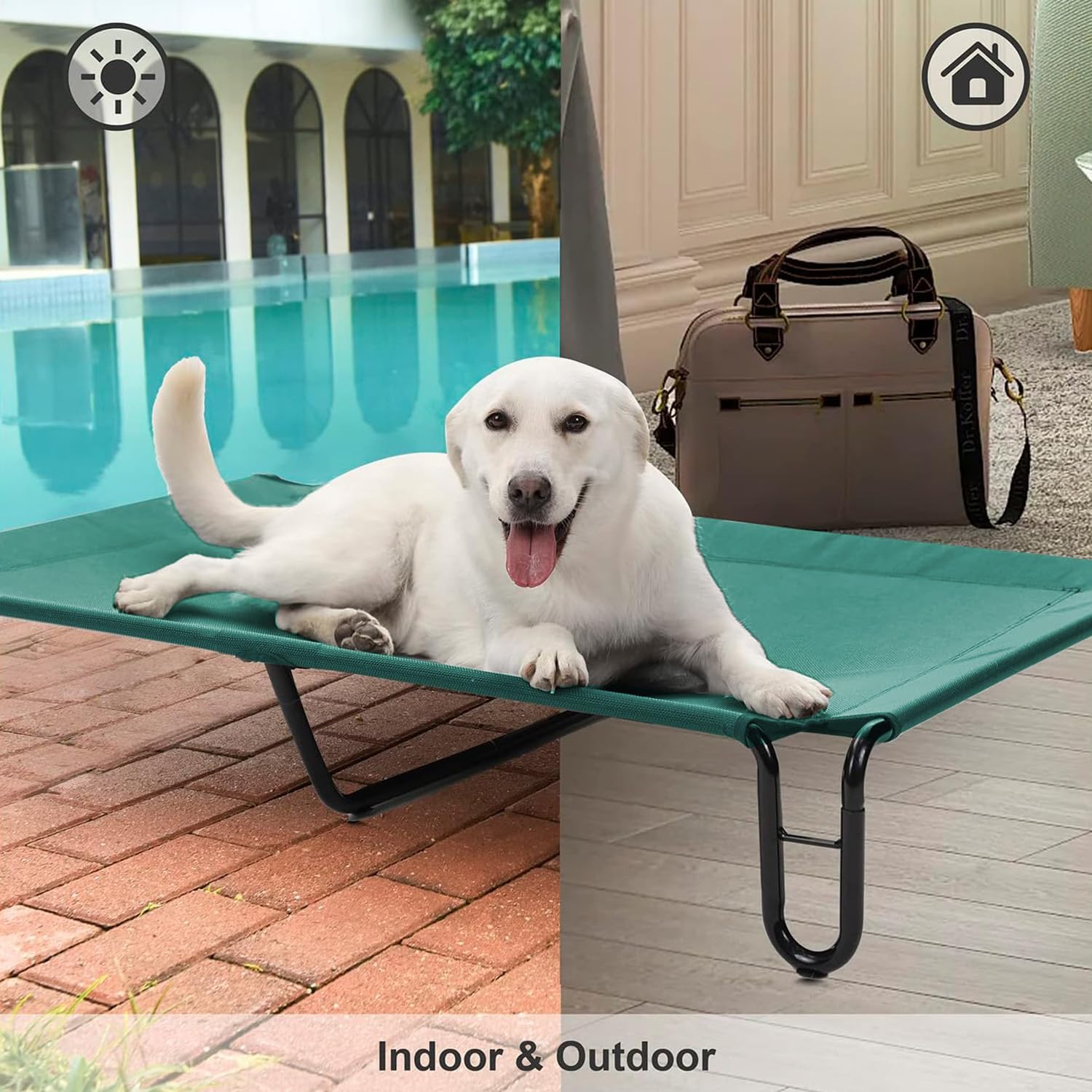 Pettycare Elevated Outdoor Dog Cot - Bed for Large Dogs (XL) Easy Assembly, Waterproof Cooling Dog Bed with Teslin Mesh, Up to 85 lbs, Green