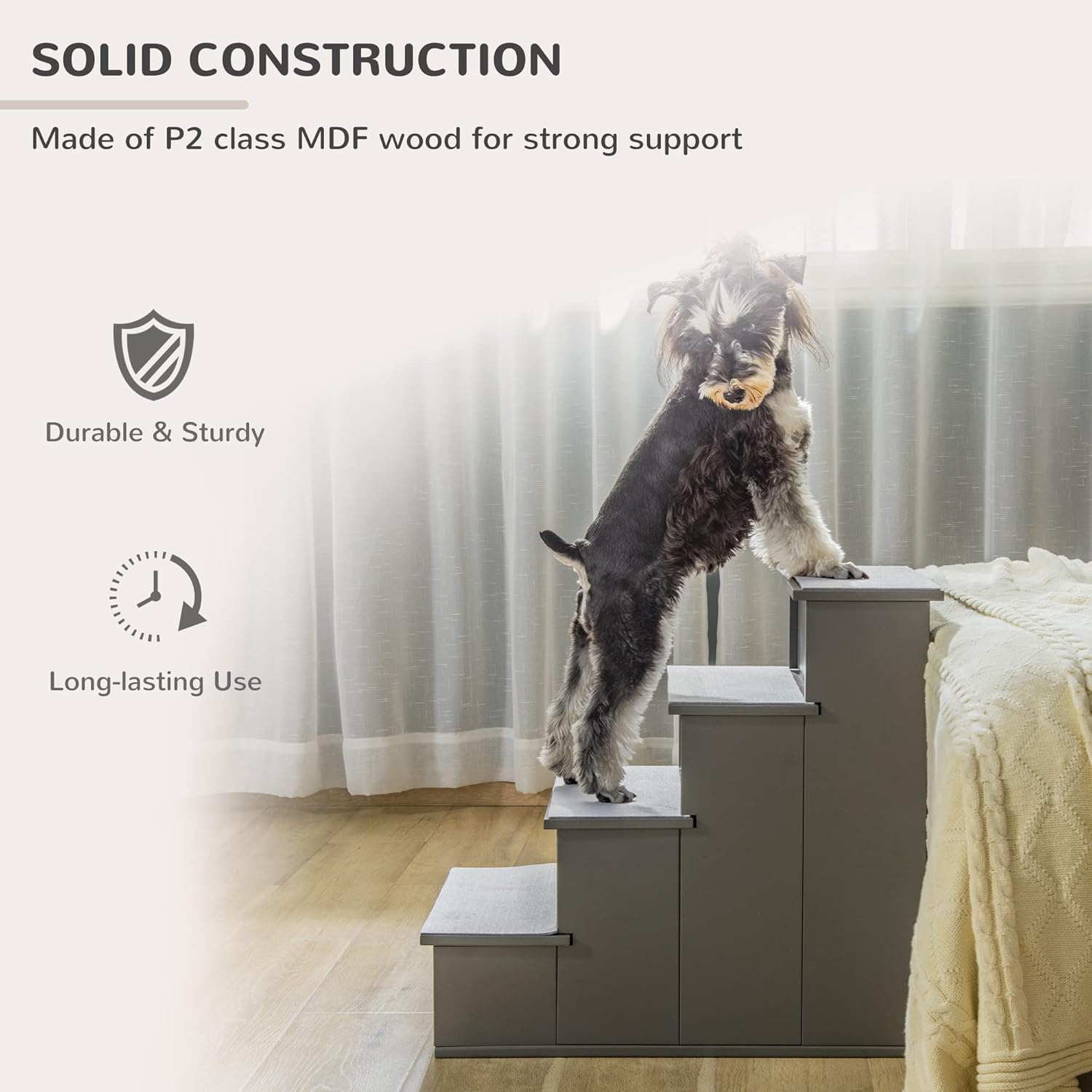 PawHut Pet Stairs, Small Pet Steps with Cushioned Removable Covering for Dogs and Cats Up to 22 Lbs., Grey