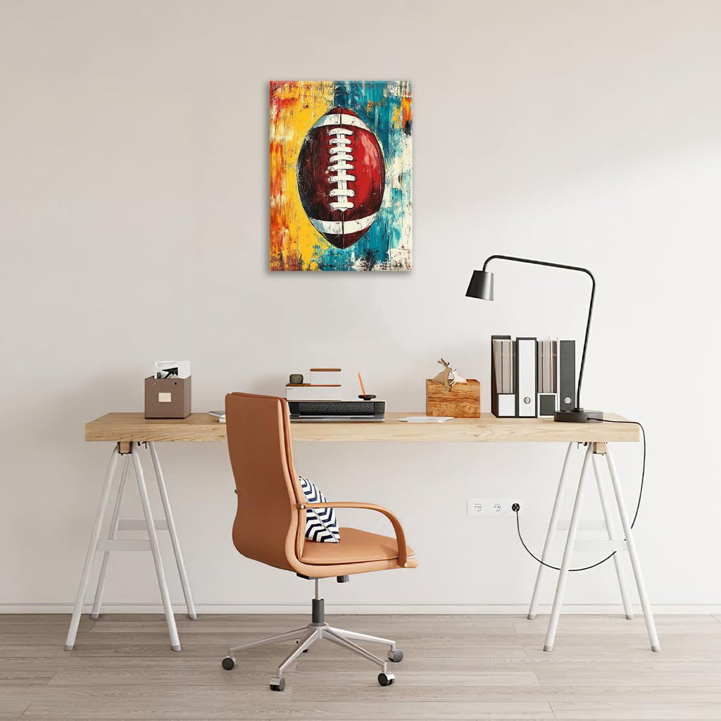 Graffiti Football Bathroom Pictures Wall Art, Rugby Sport Bathroom Wall Decor, Colorful Football Framed Painting Canvas Artwork for Bedroom Living Room Decorations 20"L x 16"W