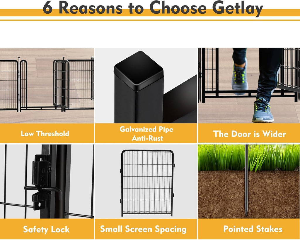 56 in(H) Decorative Garden Fence Panels, Wide Door Low Threshold, Dog Fence Outdoor for Yard. 10 Panels Total 22.1 Ft(L)，No Dig Fencing for Dogs, Black