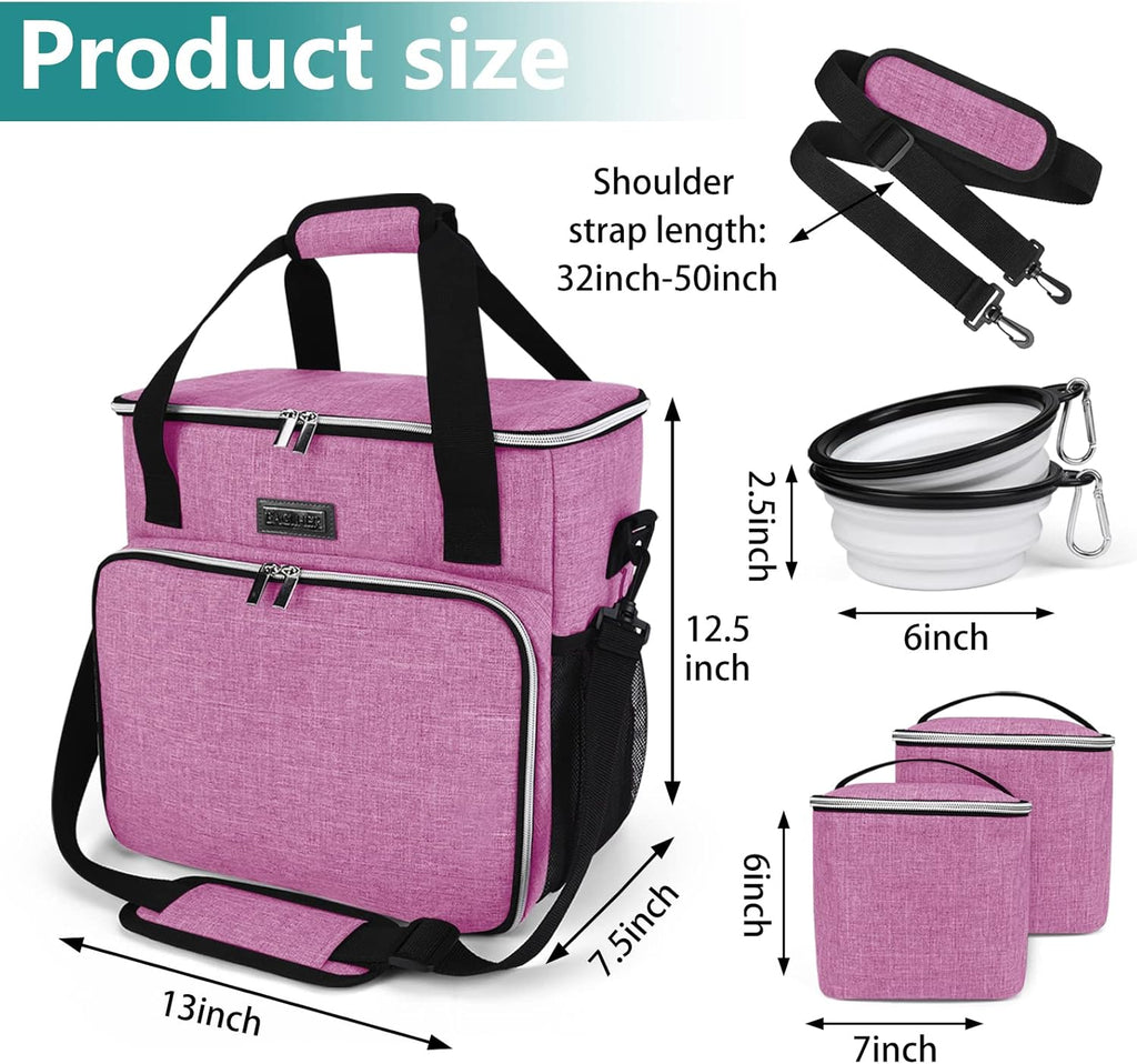 BAGLHER Dog Travel Bag, Pet Travel Bag (ALL Pet Travel Supplies), With 2 Pet Food Containers and 2 Collapsible Silicone Bowls; Essential Kits for Pet Travel Pink