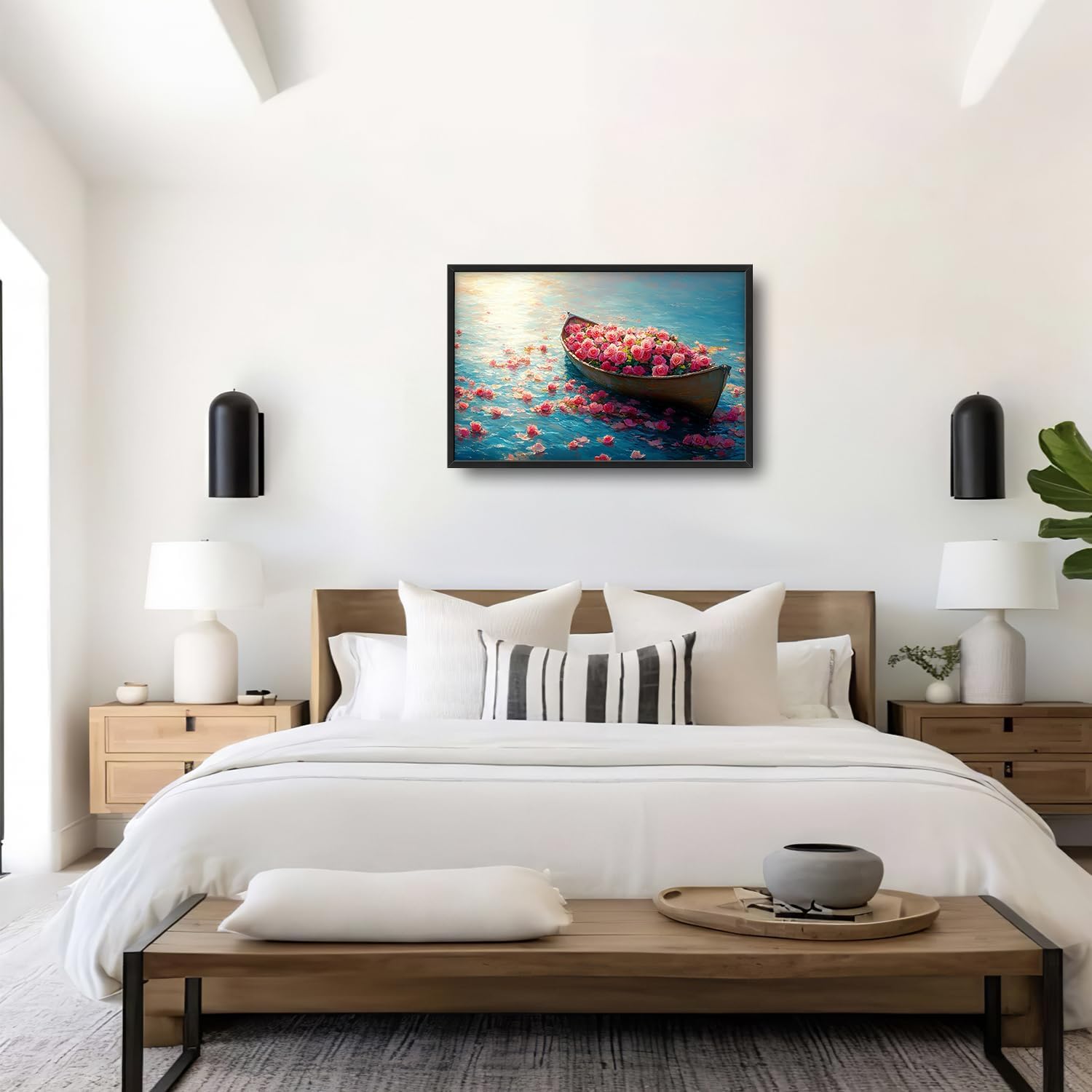 Large Lake Floral Landscape Wall Art for Living Room, Nature Boat Flower Canvas Oversized Wall Decor, Rose Scenery Framed Pictures Painting Print Artwork for Bedroom Office 36L" x 24W"