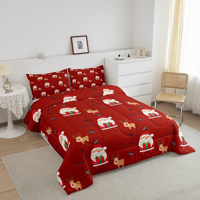 Santa Claus Comforter Set Christmas Deer Decorations Bedding Set for Kids Boys Girls Winter Snowflake Comforter Merry Christmas Khaki Red Quilt Collection 3Pcs Full Size