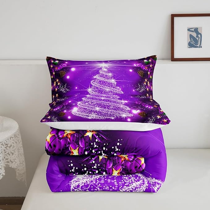 Feelyou Kids Merry Christmas Decorations Comforter Set, Kids Santa Tree Bedding Set Full Size for Boys Girls Teens Xmas Christmas Bell Decor Comforter Glitter Purple Quilt Set