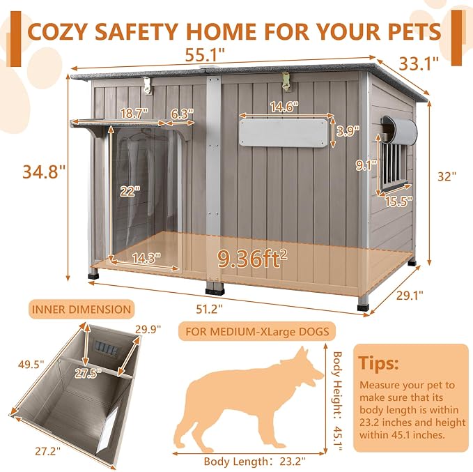 Ketive 55"L Dog House Outdoor Large Breed Extra XL Wooden Dog House - Image 2