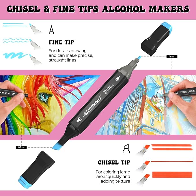alchilalart 100 color alcohol base markers, alcohol marker set with base, double head alcohol sketch drawing markers animation for adults and children
