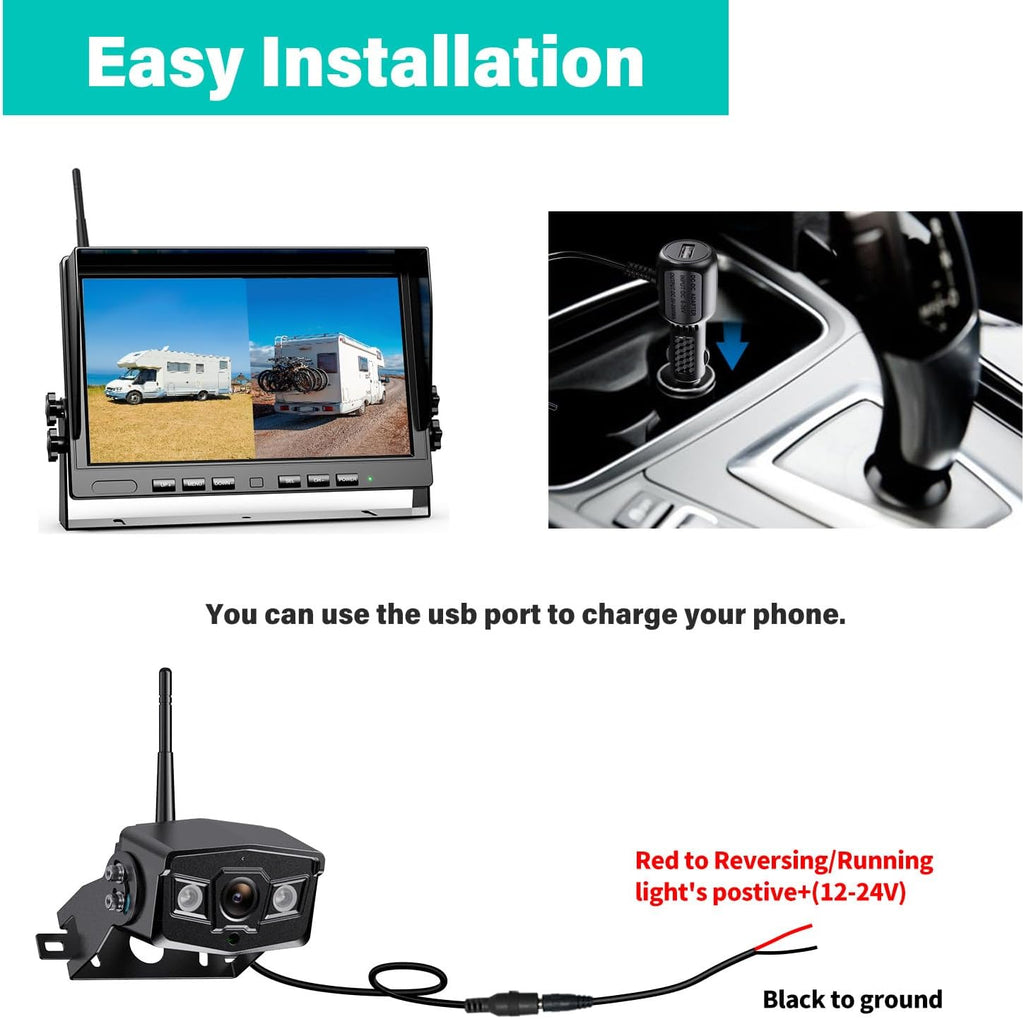 10" Wireless Backup Camera System, HD 1080P Digital Back Up Camera Systems with 10 Inch Quad Split DVR Monitor for Truck, RV, Trailer, W102