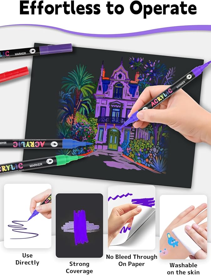 48 Colors Acrylic Paint Markers with 24 Dual-Color Brush Tips, Double Tips Acrylic Paint Pens for Rocks, Eggs, Wood, Rock, Canvas, Plastic, Glass, Ceramic