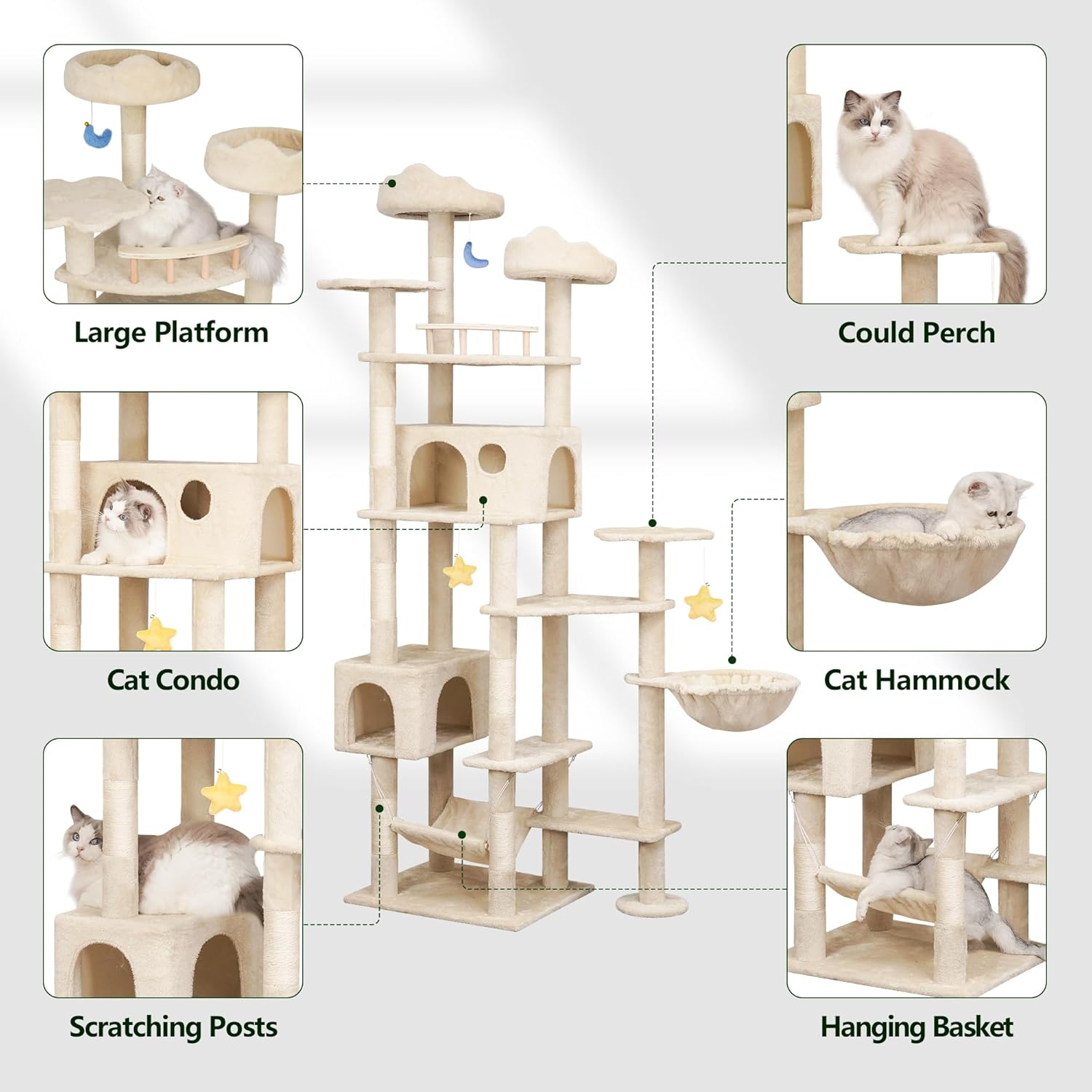85inch Heavy Duty Cat Tree for Indoor Cats Large Adult, Tall Giant Cat Tower with Scratching Post, Large Perches, Cozy Cat Condos & Hanging Hammocks, Beige