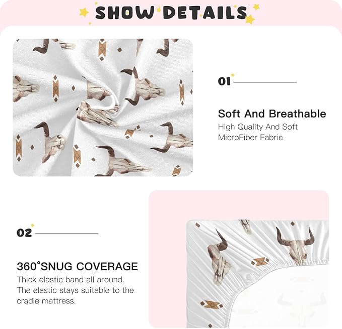 Western Bull Skull Crib Sheets Soft Breathable Fitted Baby Playard Sheets Mattress Cover for Girl Boys, 39" x 27" x 5"