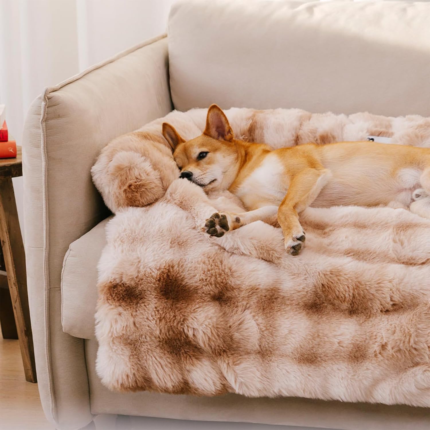 FUNNY FUZZY Pet Fluffy Fuzzy Couch Cover, Calming Washable Dog Bed Sofa Protector Pets Mat for Small Medium Dogs and Cats (Tie-dye Brown,33.45 × 28.35 × 5.51 in)