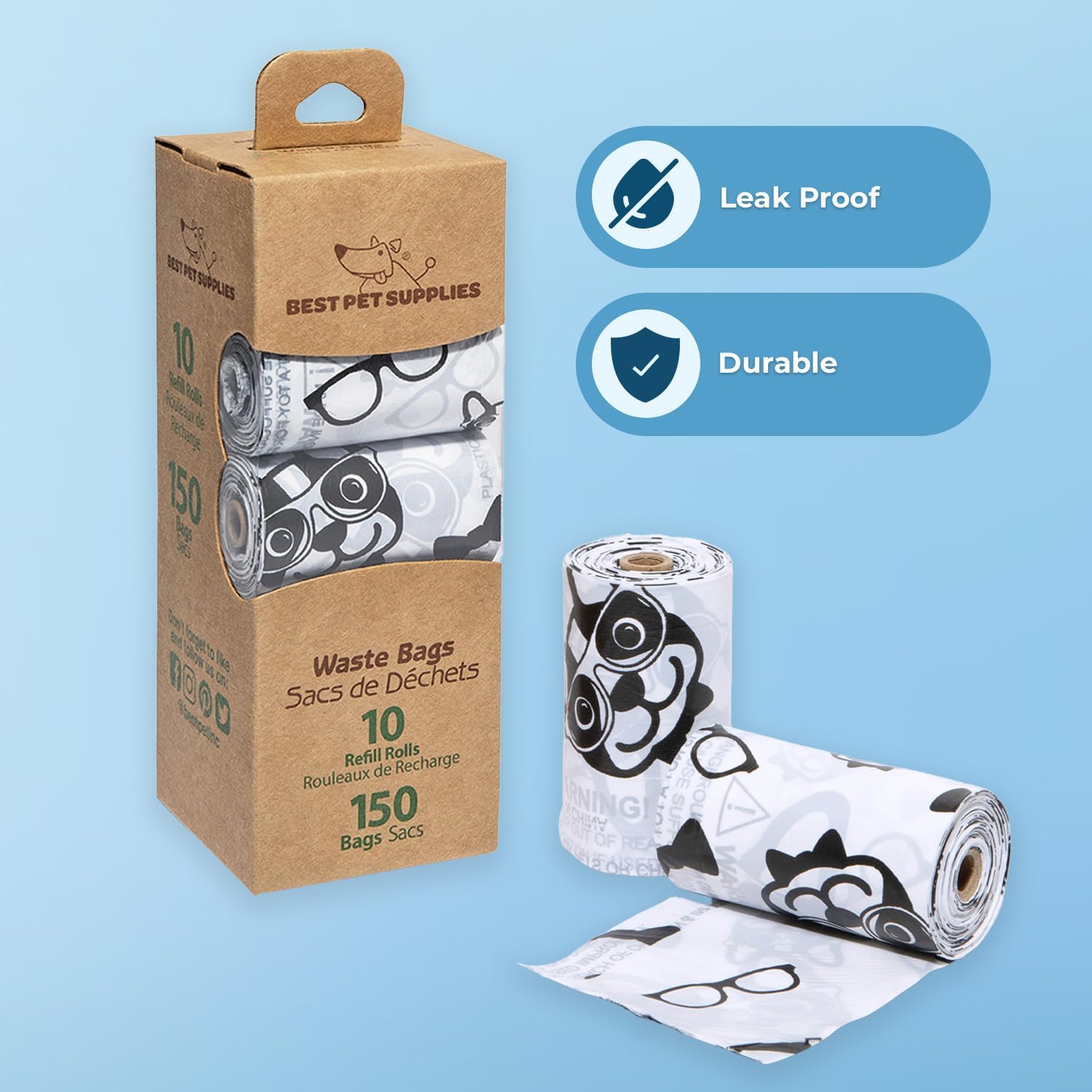 Best Pet Supplies Dog Poop Bags (150 Bags) for Waste Refuse Cleanup, Doggy Roll Replacements for Outdoor Puppy Walking and Travel, Leak Proof and Tear Resistant, Thick Plastic - White