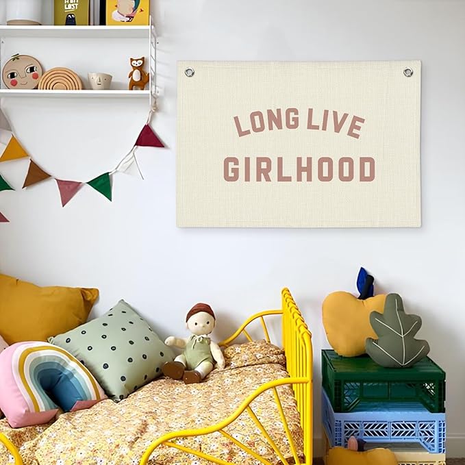 Long Live Girlhood Banner, Girls Baby Nursery Decor, Toddler Girl Room Decor, Pink Girls Room Wall Decor, 30x20 Inch Linen Wall Hanging Canvas Banner Flag