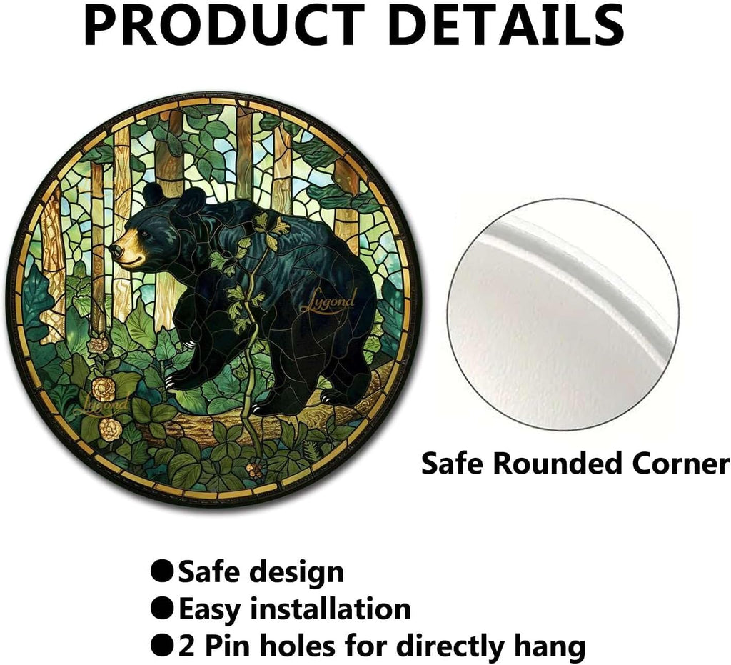 Lygond Metal Sign Tin Sign Circular Stained Glass American Black Bear Minimalist Wall Art for Garage 8×8 Inches