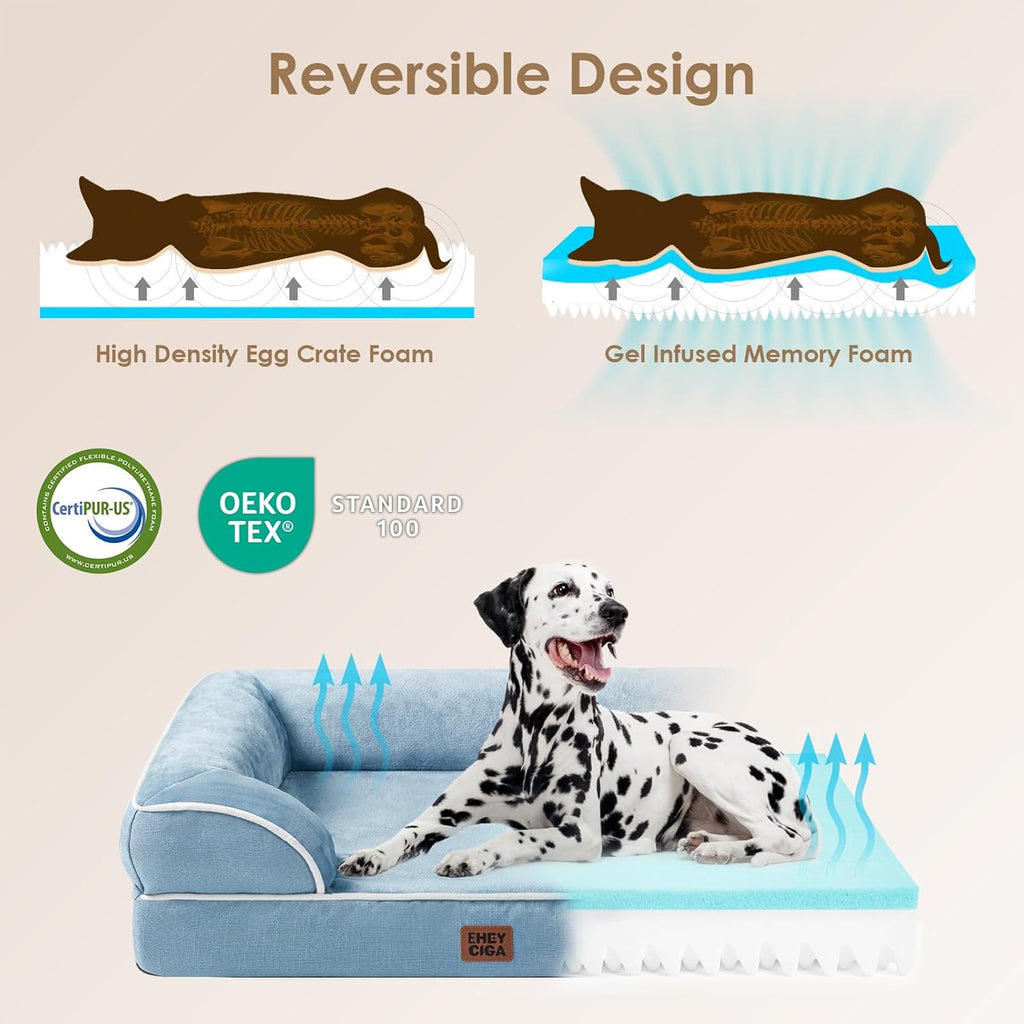 EHEYCIGA Orthopedic Dog Beds for Large Dogs, Waterproof Memory Foam Large Pet Bed with Sides, Non-Slip Bottom and Egg-Crate Foam Dog Couch Bed with Washable Removable Cover, Washed Blue