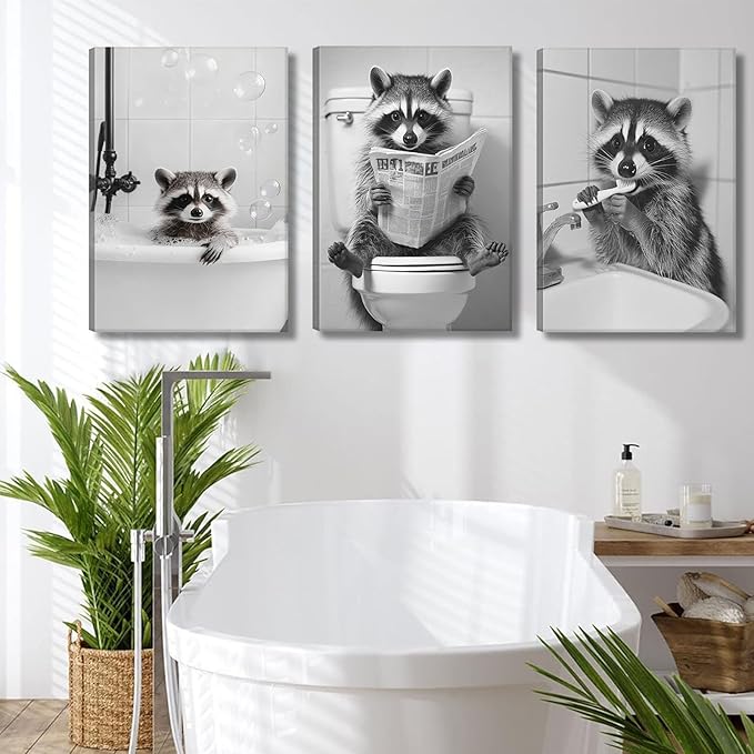 Funny Raccoon Bathroom Canvas Wall Art set of 3 Black and White Cute Raccoon Sitting on Toilet Poster Print Artwork Humor Adorable Animals Pictures Wall Decor for Washroom Restroom laundry 16x24in