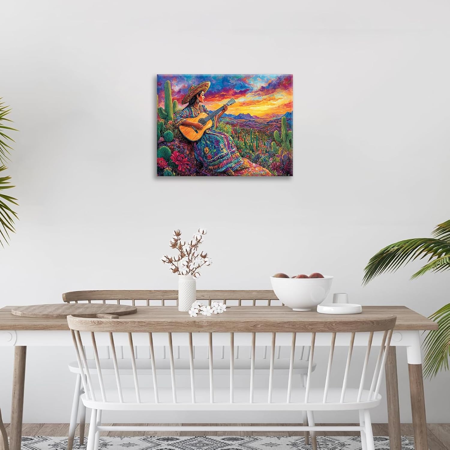 Mexican Women Pictures Wall Art, Cactus Landscape Bathroom Wall Decor, Nature Scenery Aesthetics Framed Painting Desert Modern Canvas Artwork for Bathroom Bedroom Living Room Decorations 24"L x 16"W