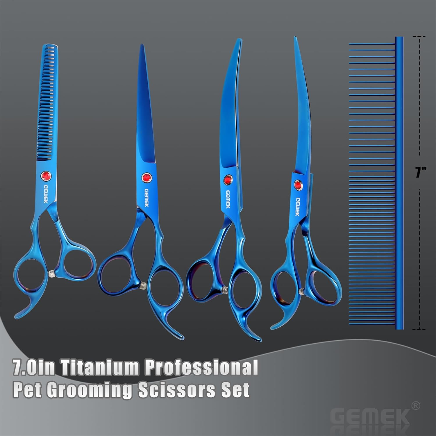 7.0in Titanium Professional Pet Grooming Scissors Set, GEMEK 6 in 1 Straight & Thinning & Upwards Curved & Downwards Curved Scissors & Comb for Dogs, Cats (Blue)