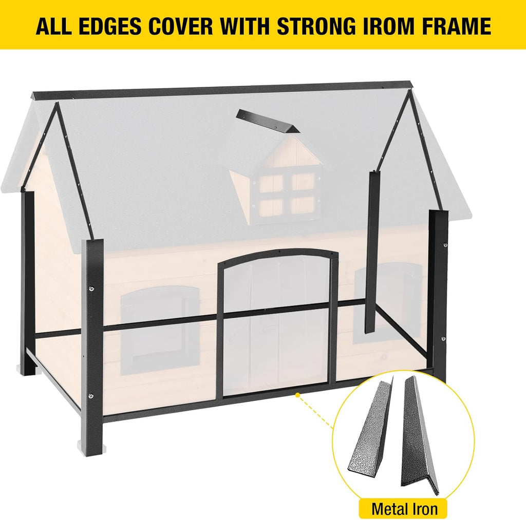 Aivituvin Dog House with Insulated Liner Anti-Chewing Metal Frame Design Insulated Wooden Dog Kennel with Unique Design Roof, Weatherproof Dog House for Outdoor Indoor