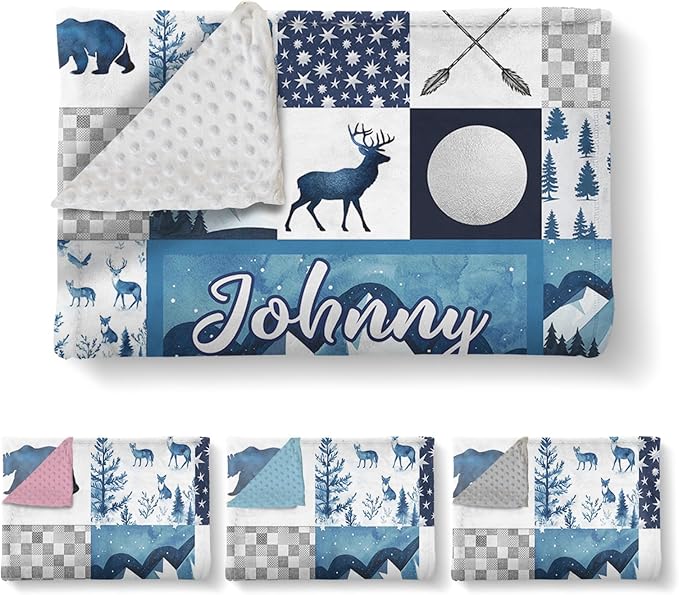 Personalized Baby Blankets for Girls Boys, Custom Blue Deer Baby Blanket with Name for Kids, Flannel Bed Throw Blanket for Newborn, Customized Gifts for Baby Shower Nursery Blanket(30”x40)