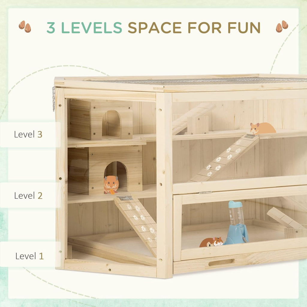PawHut Wooden Large Hamster Cage Small Animal Exercise Play House 3 Tier with Tray, Seesaws, Water Bottle, Activity Center, Natural