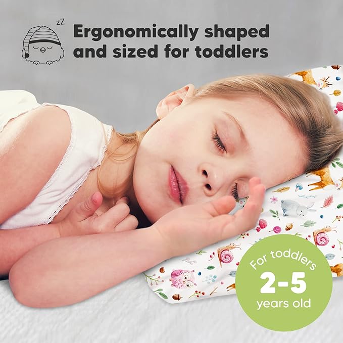 Toddler Pillow with Pillowcase - 13x18 My Little Dreamy Kids Travel Bed Pillows for Sleeping, Organic Cotton Small Pillowcase, Soft & Breathable, Machine Washable, Toddlers 2-5 Years Old (Forestland)