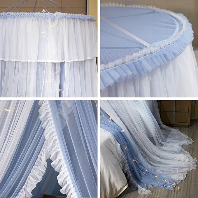 AIKASY Princess Bed Canopy for Girls & Adults, Elegant Double-Layer Bed Curtain, Children's Dream Round Lace Mosquito Net, Princess Canopy Net - Fits Twin, Full, Queen, and King Beds (Light Gray)