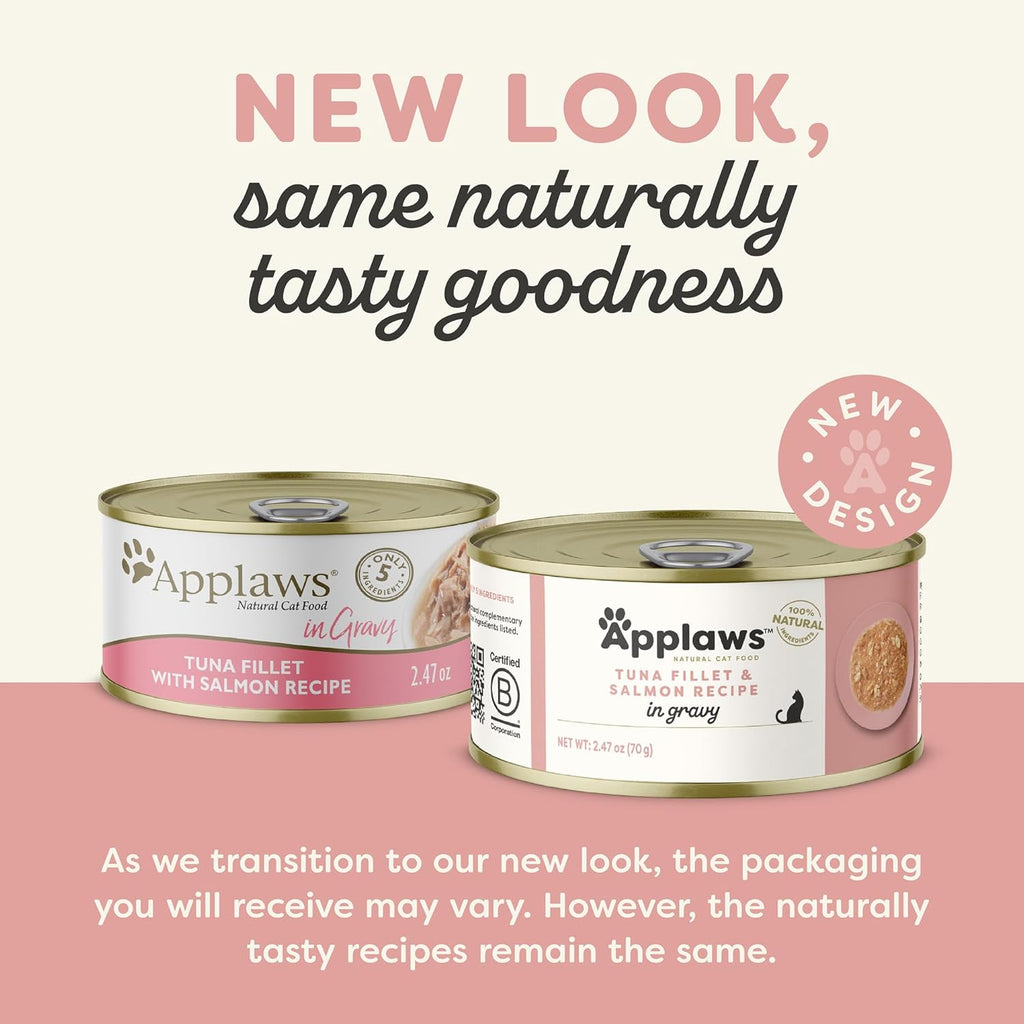 Applaws Natural Wet Cat Food in Gravy, Limited Ingredient Canned Wet Cat Food, No Additives, Made with Natural Ingredients, Tuna Fillet with Salmon in Gravy (24 x 2.47oz Cans)