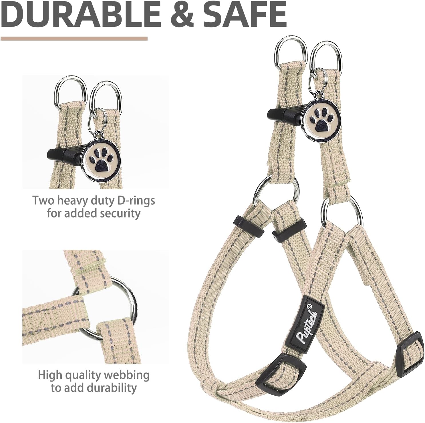 PUPTECK No Pull Dog Harness Soft Adjustable Basic Nylon Step in Puppy Vest Outdoor Walking with ID Tag, Reflecive Beige, S