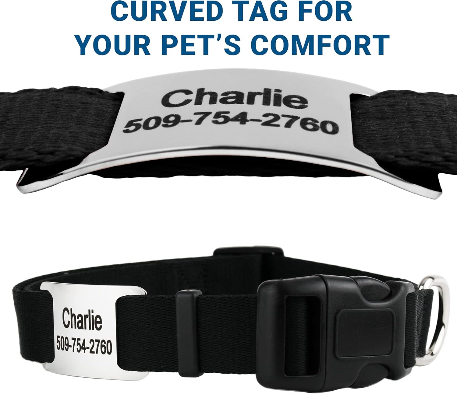 GoTags Personalized Dog Collar with Nameplate, Adjustable Dog Collar with Custom Engraved Slide On Pet ID Tag in Stainless Steel, Silent, No Noise Dog Tag for Large Medium and Small (Black, X-Small)
