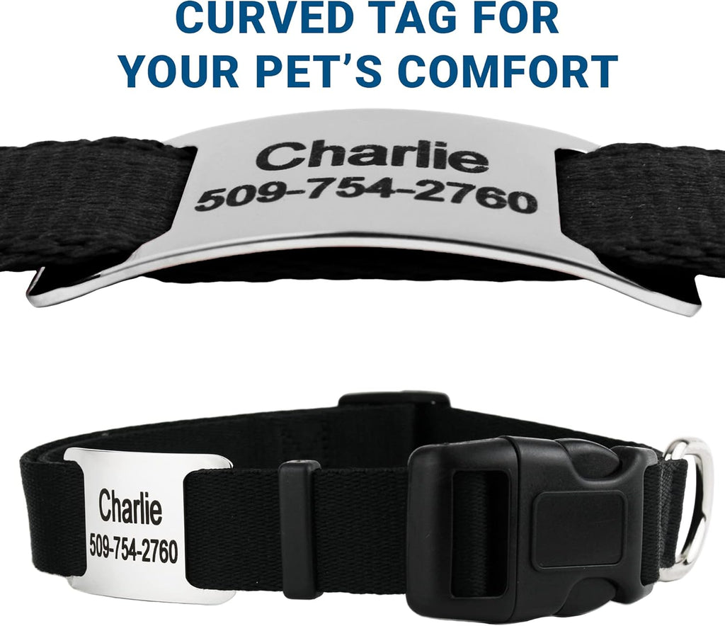 GoTags Personalized Dog Collar with Nameplate, Adjustable Dog Collar with Custom Engraved Slide On Pet ID Tag in Stainless Steel, Silent, No Noise Dog Tag for Large Medium and Small (Black, Large)