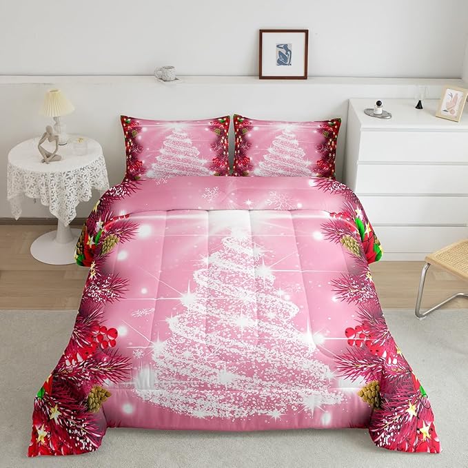 Feelyou Kids Merry Christmas Decorations Comforter Set, Kids Santa Tree Bedding Set Full Size for Boys Girls Teens Xmas Christmas Bell Decor Comforter Glitter Pink Quilt Set