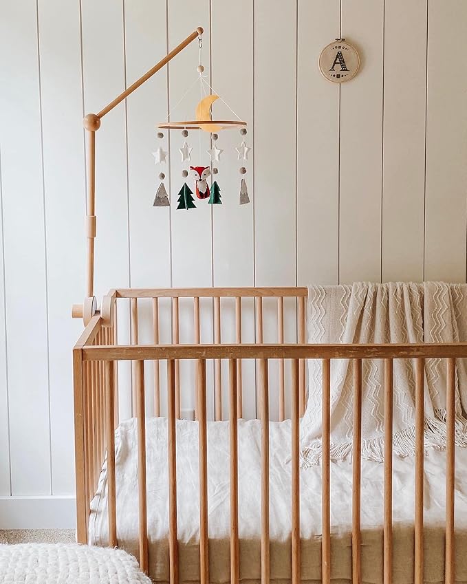 Sorrel + Fern Baby Crib Mobile (Woodland Fox) - Nursery Decoration - Ceiling Mobile and Crib Mobile - Hypoallergenic Eco-Felt, Unfinished Wood, Adjustable, Green, Grey, Yellow, Red/Brown