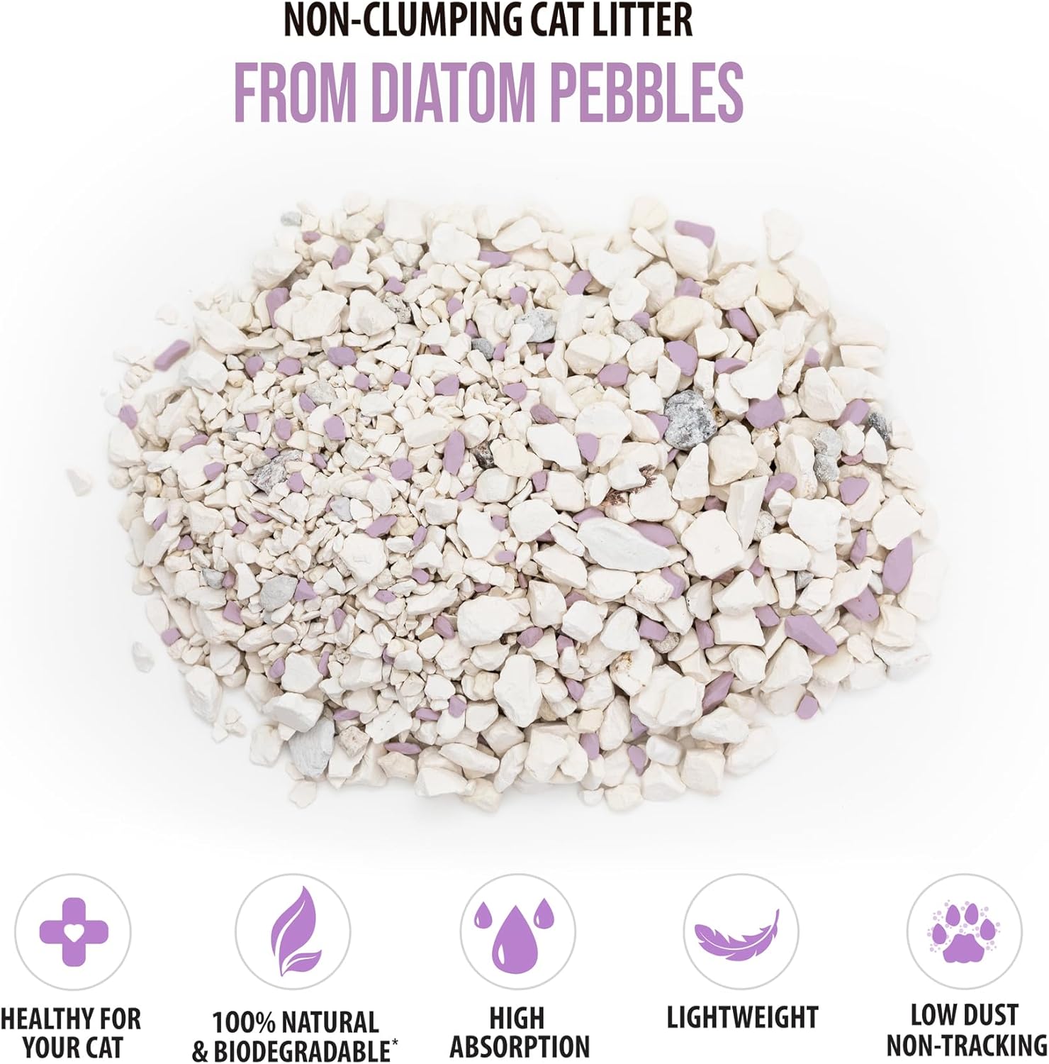 Skoon All Natural Cat Litter (2 Bags) - Lavender - Lightweight, Low Tracking, Non-Clumping Diatom Pebbles Absorb, Lock, and Seal Waste for Best Odor Control