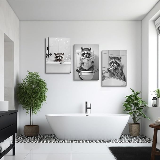 Funny Raccoon Bathroom Canvas Wall Art set of 3 Black and White Cute Raccoon Sitting on Toilet Poster Print Artwork Humor Adorable Animals Pictures Wall Decor for Washroom Restroom laundry 16x24in