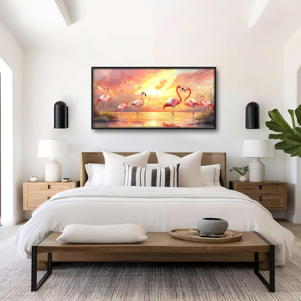 Large Flamingo Wall Art for Living Room, Framed Oversized Sunset Lake Wall Decor Landscape Canvas Painting Pictures Modern Artwork for Living Room Bathroom Bedroom Office Dining Room 60"x30"