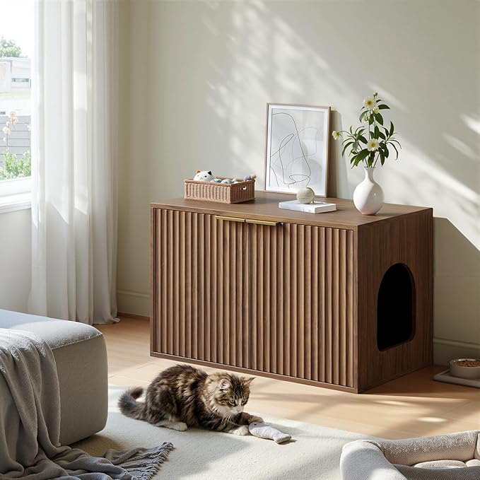 Evermagin 31.5" Walnut Cat Litter Box Enclosure Furniture, Large Hidden Litter - Image 3