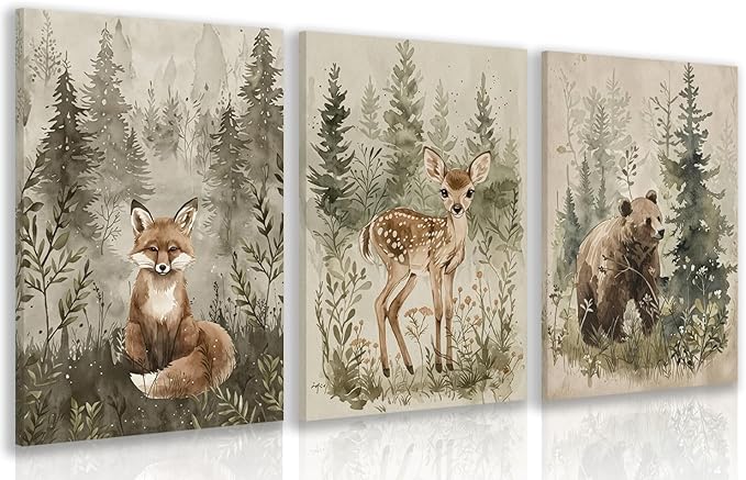 kilamino Framed Woodland Animal Nursery Wall Art, Cute Fox Bear Deer Wall Decor, Neutral Wildlife Animal Art Prints, Funny Nature Forest Animal Canvas Paintings for Baby Room Playroom 16"x24"x3