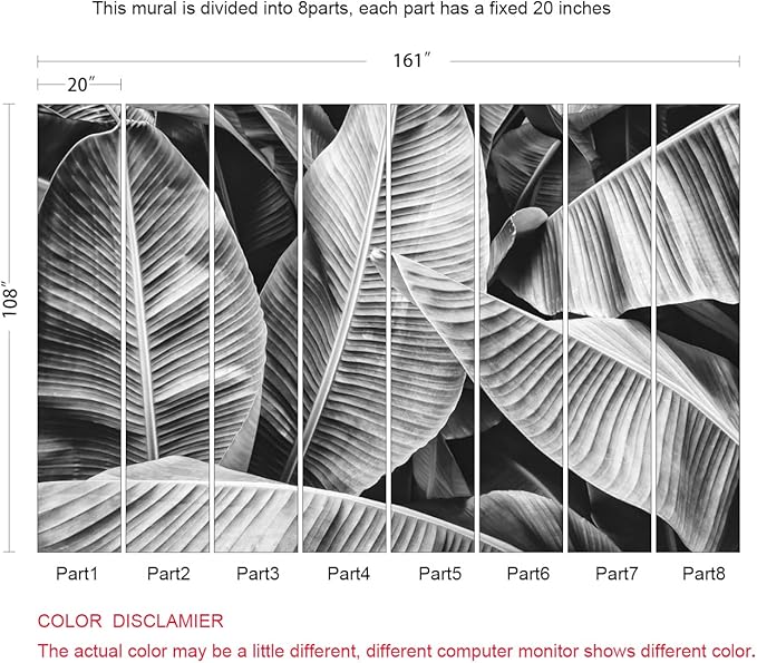 Grey Leaf Wallpaper Tropical Banana Leaves Wall Mural Wallpaper for Bedroom Living Room TV Background Wall Covering(Not Peel n' Stick)