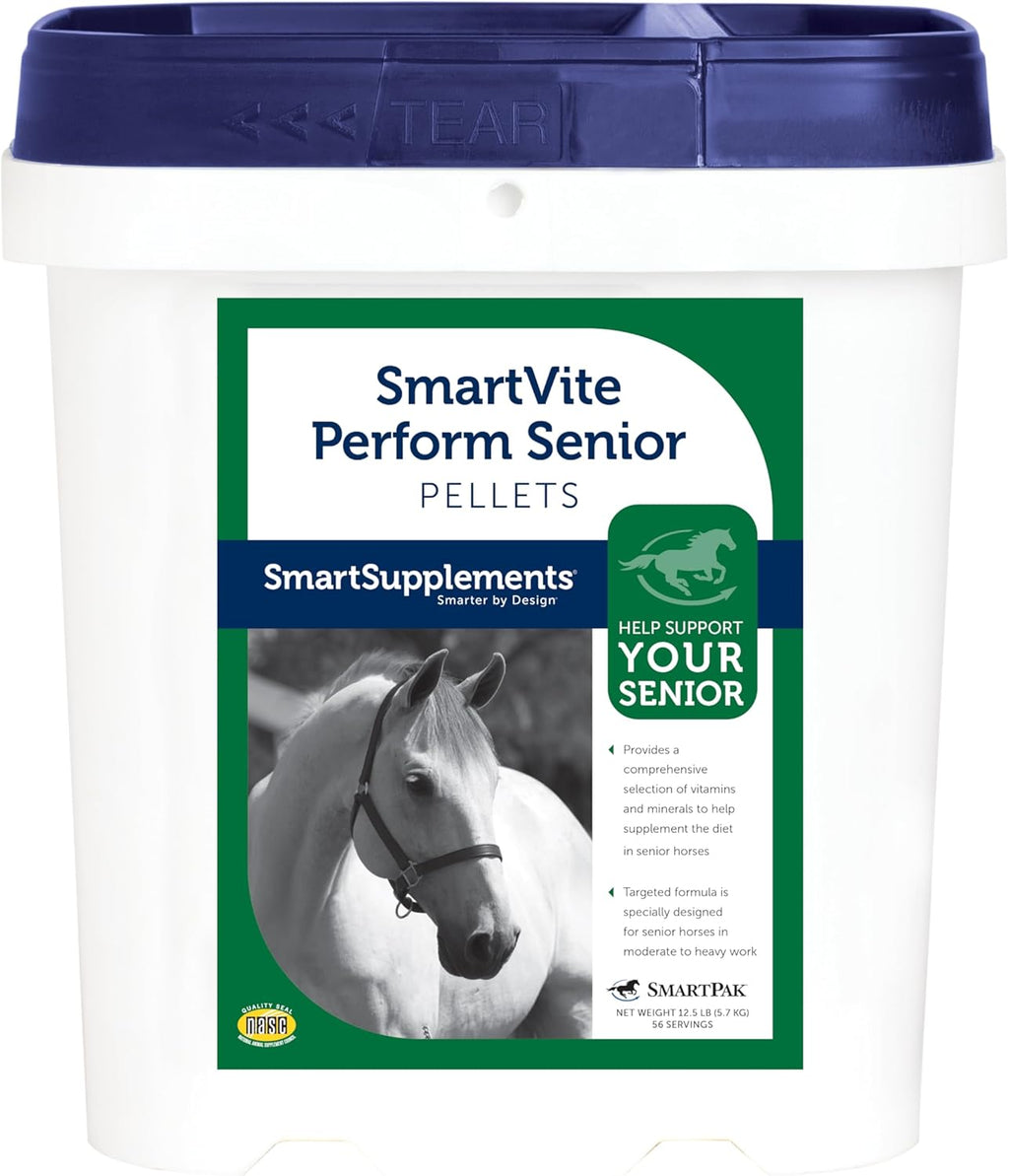SmartVite Perform Senior Pellets | Vitamin E, Magnesium Supplement for Senior Horses | Includes Vitamin C, B Complex, Manganese, Biotin and More | 56 Servings | 12.5 lb Bucket