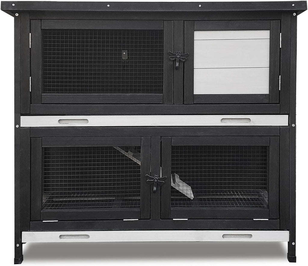 Double Level Solid Wood Rabbit Hutch Small Animal Cage for Rabbits, Guinea Pigs, Hedgehogs & Lizards Indoor/Outdoor– 2-Tier Eco-Friendly Habitat with Bedding Area, Durable & Easy to Clean