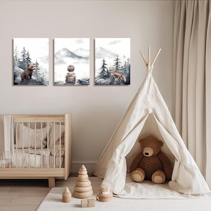 Cyebmo Framed Woodland Boy Nursery Wall Art Set of 3, Whimsical Boy Adventure Wall Decor, Mountain Forest Animal Bear Fox Wrapped Canvas Artwork for Classroom Kids Room Baby Nursery 16"x24"x3