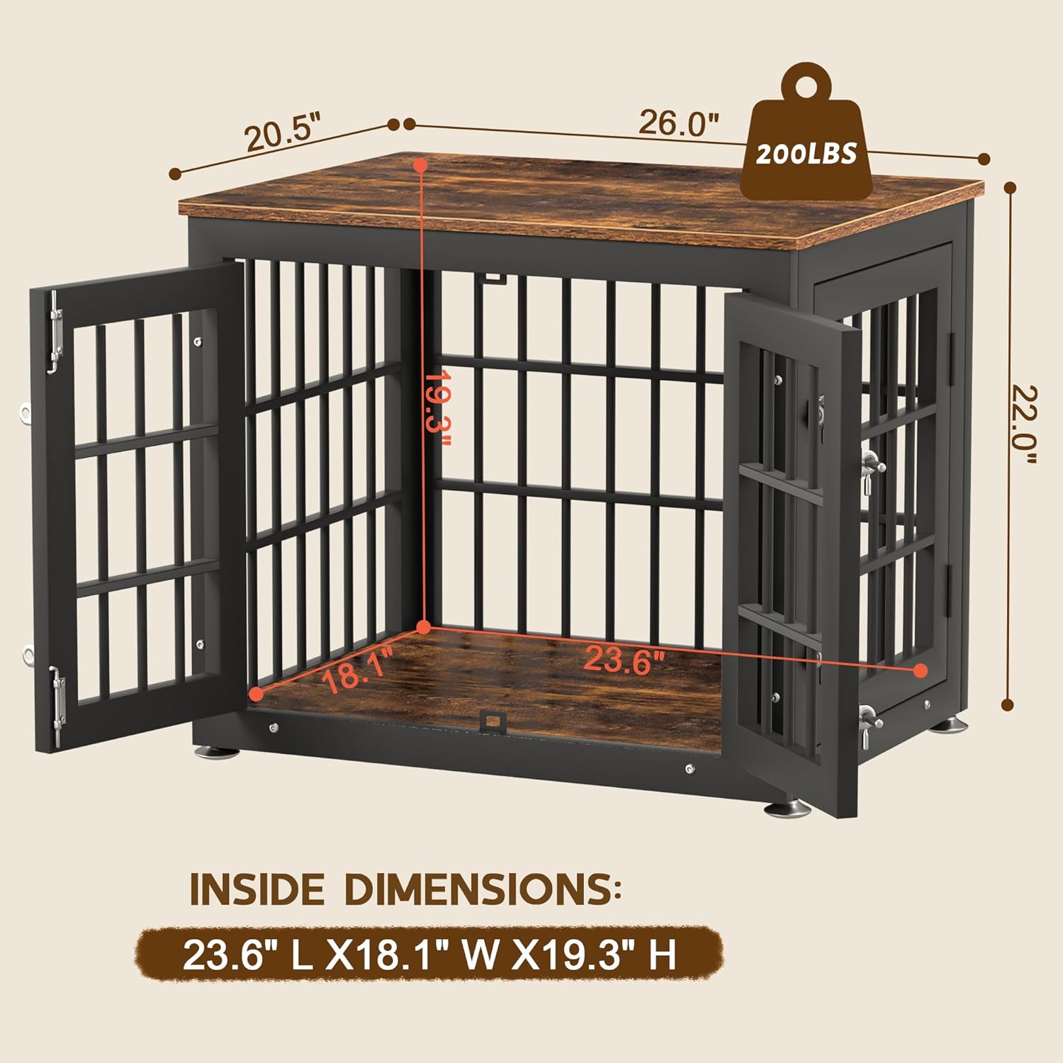 26 Inch Heavy Duty Dog Crate Furniture for Small Dogs, Decorative Pet House End Table, Wooden Cage Kennel Furniture Indoor, Rustic Brown