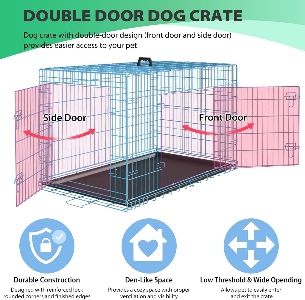 BestPet | Dog Crate | 24" | Blue | Foldable Metal Kennel with Double Doors, Secure Slide-Bolt Latches, Leakproof Tray | Portable Dog Cage for Small Breeds | for Travel, Indoor & Outdoor Use