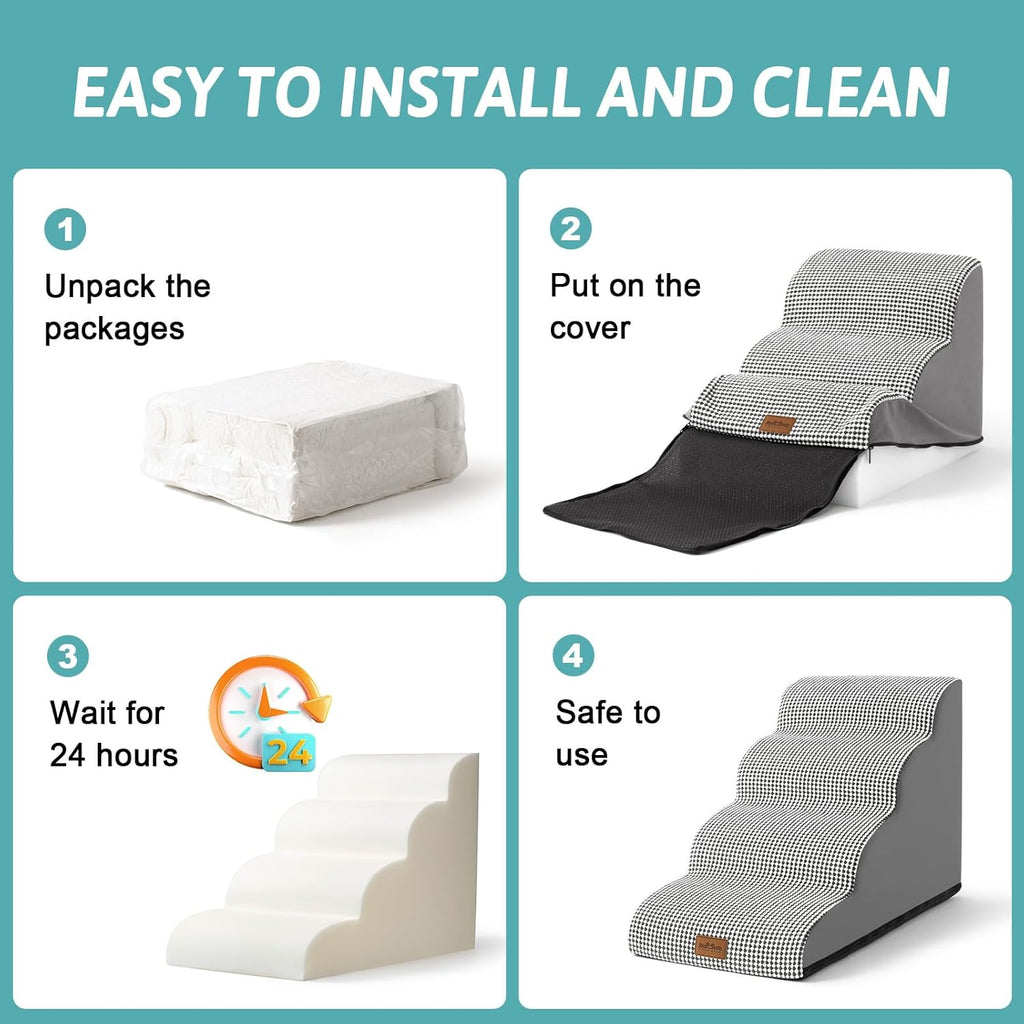 Dog Stairs for Small Dogs 19.7" H, Curved Dog Step for Puppy, Older or Cat, Medium Pet Ramp for Sofa, Couch or Bed, Ladder with High Density Foam, 15.7x28.3x19.7 inch, 4 Step, White Black