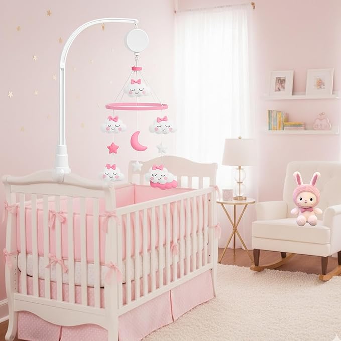 Baby Crib Mobile for Girls with Arm & Music Box | Pink Felt Clouds & Stars Design | Sensory & Soothing Nursery Decor for Baby Girls. Fits Most Cribs.