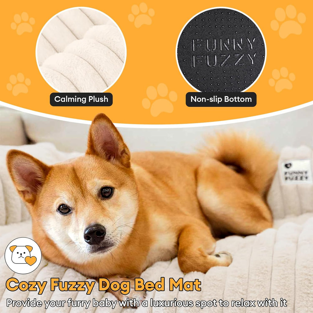 FUNNY FUZZY Pet Couch Cover for Sofa, Calming Dog Bed for Couch, Fluffy Plush Dog Couch Mat for Furniture Protector for Large Medium Small Dogs and Cats, Cream White