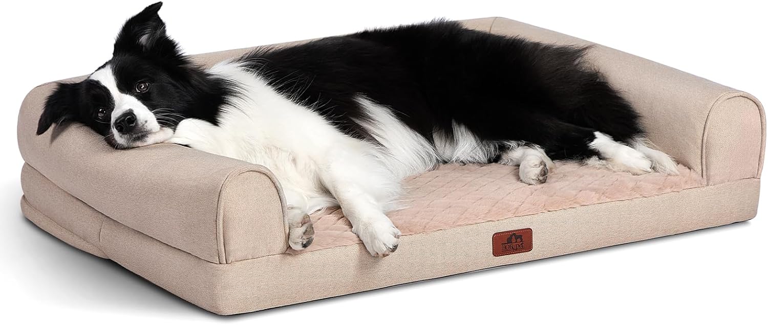 Hollypet Orthopedic Dog Bed for Large Dogs, Supportive Foam Pet Couch with Removable Washable Cover and Non-Slip Bottom, Waterproof Lining Sofa Bed, Khaki, L (36 * 26 * 8)